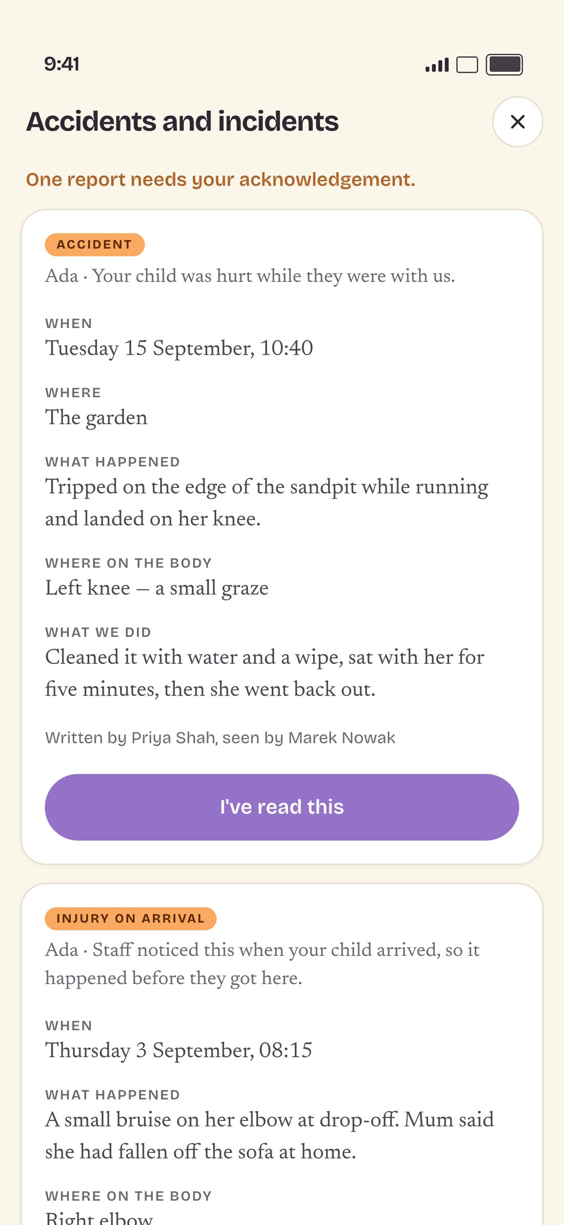 An accident report in the parent app, with a button to say it has been read