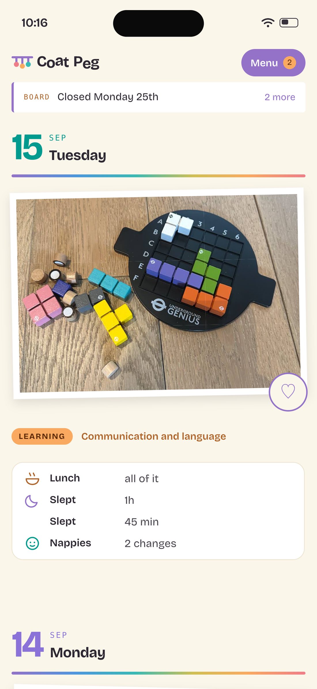 A child’s day in the parent app: a photo, lunch, sleeps and nappies