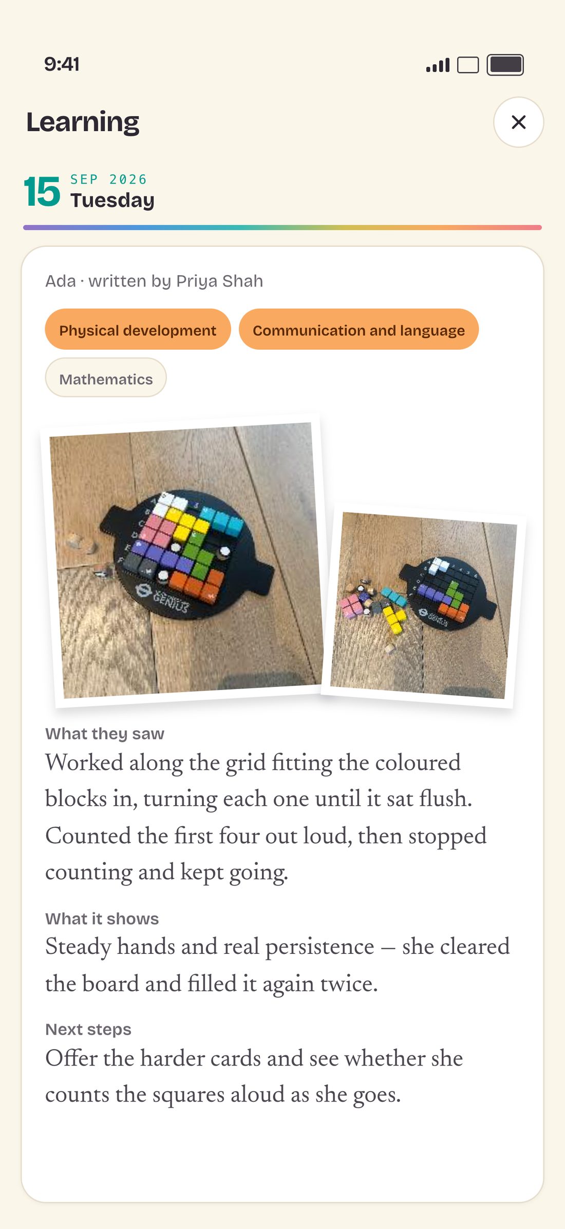 A learning journal entry in the parent app: what staff saw, what it shows, and a next step to try at home