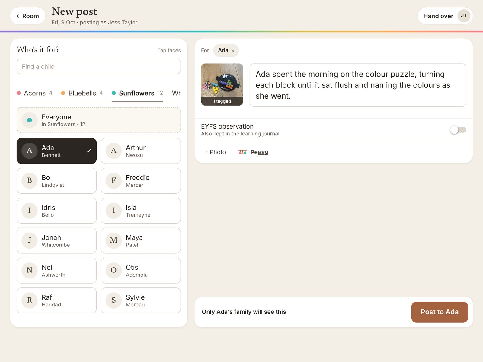Writing a post on the iPad: choosing the child from their room, a photo and a short note