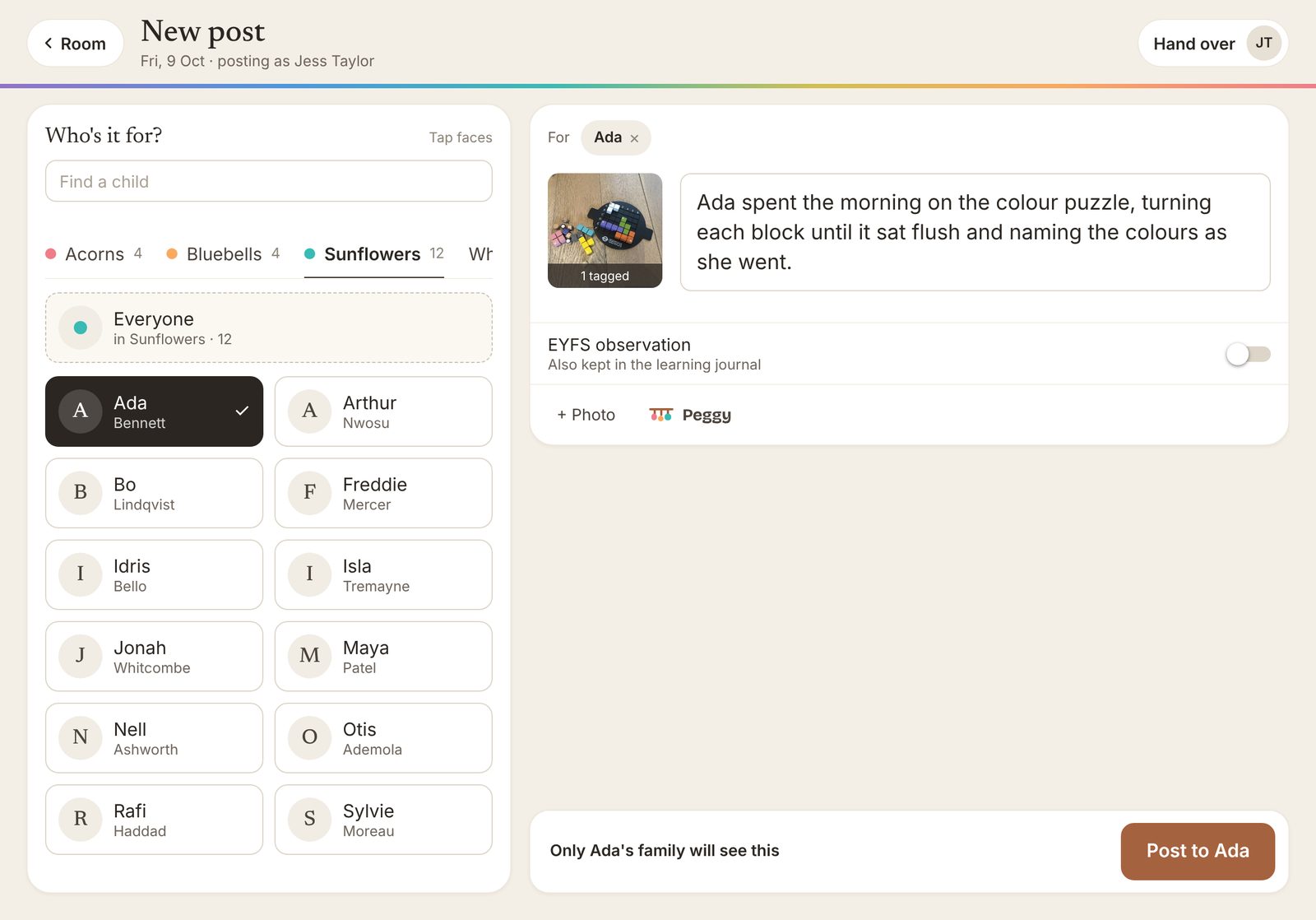 The Coat Peg staff app on an iPad: a new post for Ada, chosen from her room, with her photo and a sentence about her morning