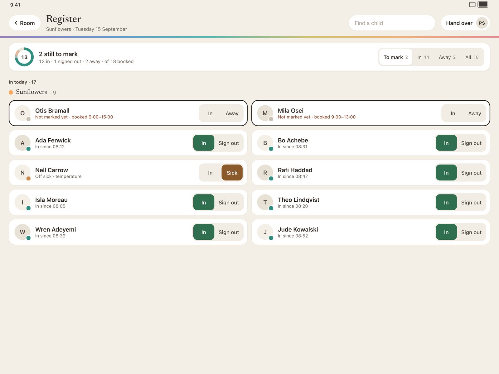 The register on the room iPad: who is in, who is away, and who still needs marking