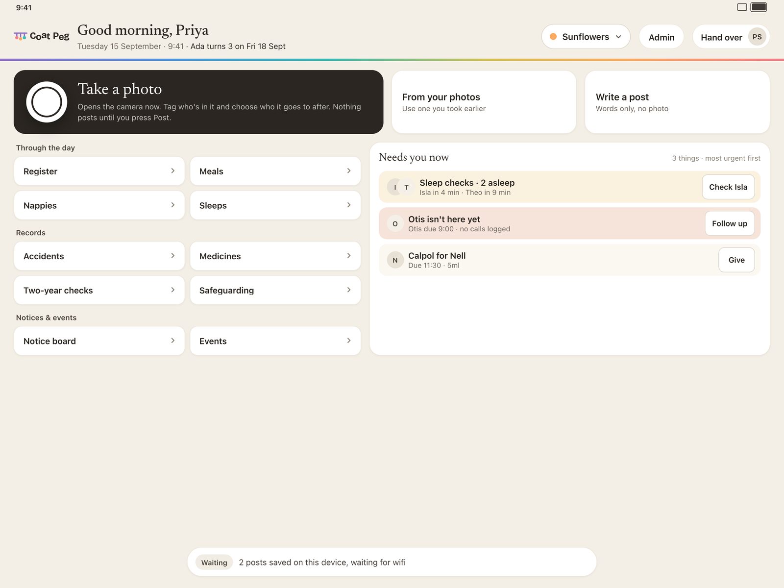The room screen on the iPad: take a photo, the day’s tasks, and what needs doing now