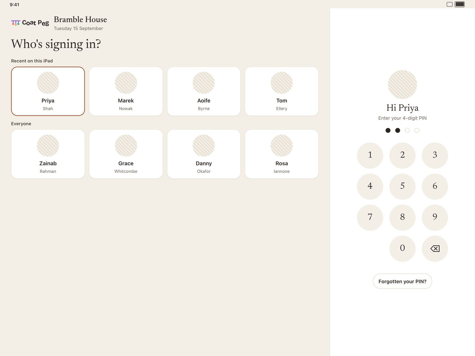 Signing in on the room iPad: choose your name, then a four-digit PIN